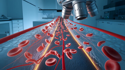 Microscopic View of Blood Flow: An Intriguing Visualization of Red Blood Cells Streaming Through a Blood Vessel, Examined Under a Microscope with lab background.