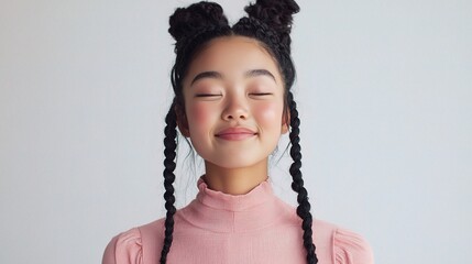 Smiling Young Girl with Braids in Pink Top on a Bright Background