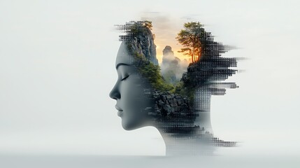 A conceptual split human figure; natural skin textures glowing in organic light on one side, pixelated distortions and binary codes on the other. Floating mirror shards reflect fragmented and 