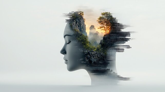 A conceptual split human figure; natural skin textures glowing in organic light on one side, pixelated distortions and binary codes on the other. Floating mirror shards reflect fragmented and 