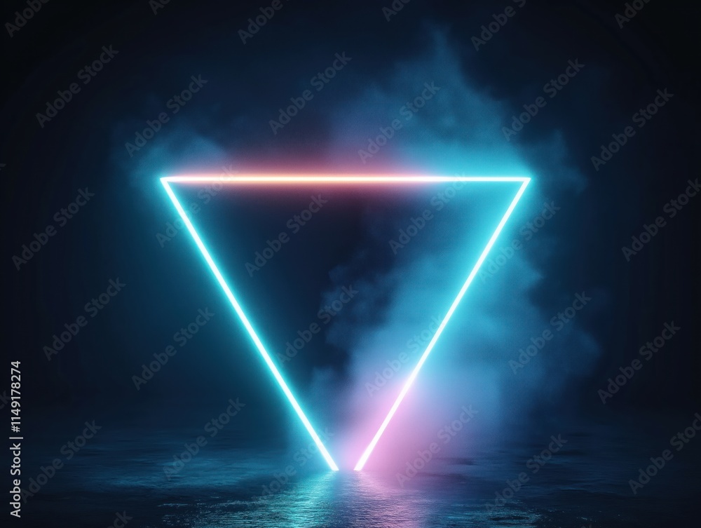 Poster futuristic neon triangle shape glowing with vibrant colors. smoke effect on dark background. glowing