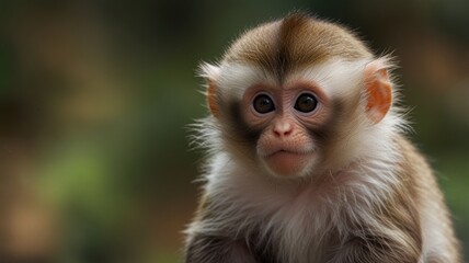 Fototapeta premium Close-up of a baby monkey with large, expressive eyes, soft fur, and a curious expression against a blurred background of foliage.
