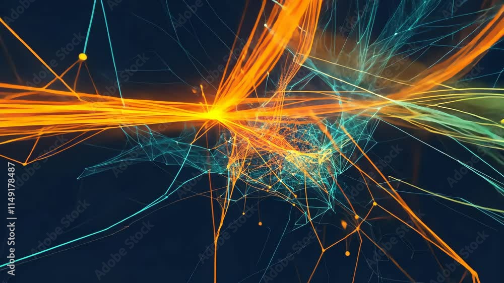 Poster spectacular display of colorful light trails and digital patterns on a dark background
