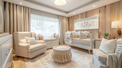 Neutral-toned Nursery with Wooden Wall Accents and Plush Seating