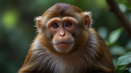 Close-up of a Rhesus Macaque monkey, facing forward, with a calm expression, set against a blurred background of foliage..