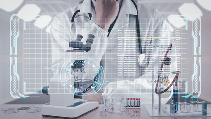 Doctors are in a laboratory with microscopes, distillation equipment, and other laboratory...