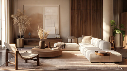 Modern and Minimalist Japandi Style Living Room Interior with Natural Elements