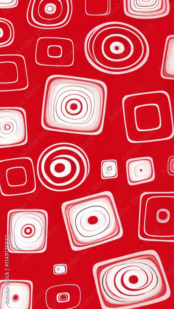 Poster colorful abstract pattern featuring concentric shapes on a bright red background in modern design st