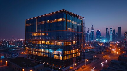 Obraz premium Illuminated Modern Skyscraper at Dusk, Cityscape Background