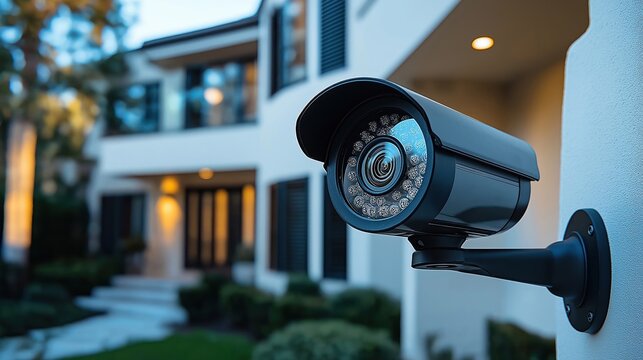 Modern home security system. Surveillance camera on house exterior. Protection from burglary. Tech equipment for safety, control. View of modern mansion. Home security concept. Exterior of luxury