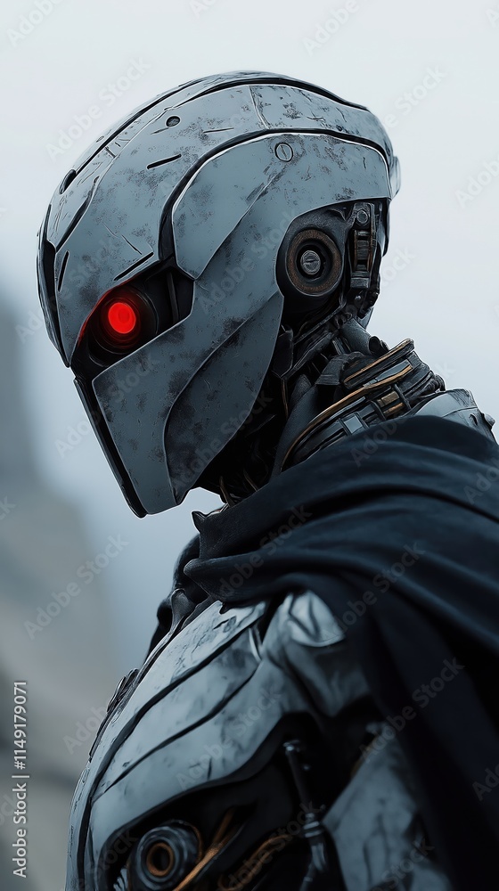 Poster futuristic robot with intricate armor, red eyes stands poised. stylish design with detailed tech ele