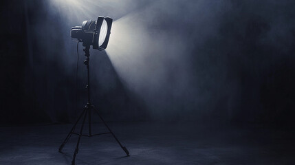 Creative lighting setup in a dim studio with a camera on a tripod. 