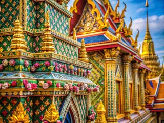 Fototapeta premium Macro Photography: Intricate Details of Wat Thewarat Kunchorn Worawihan Temple, Bangkok