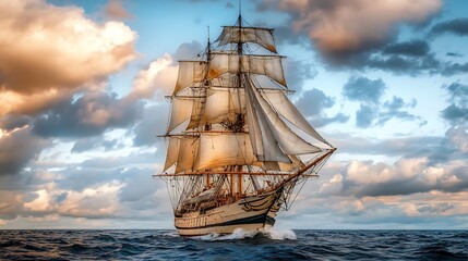 Historic sailing ship at sea. Concept of adventure, exploration, and maritime history.