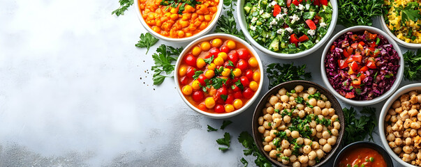 A colorful array of healthy salads and ingredients in bowls, showcasing vibrant food options.
