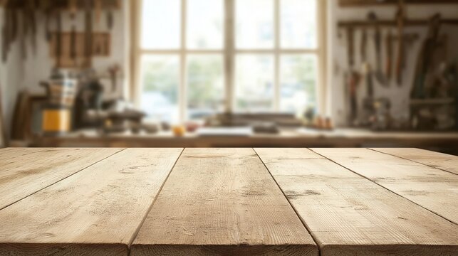 Empty wooden table in carpentry workshop. Tools on wall blurred background. Natural light through window. Carpentry tools, equipment visible in background. Perfect for furniture design concepts craft