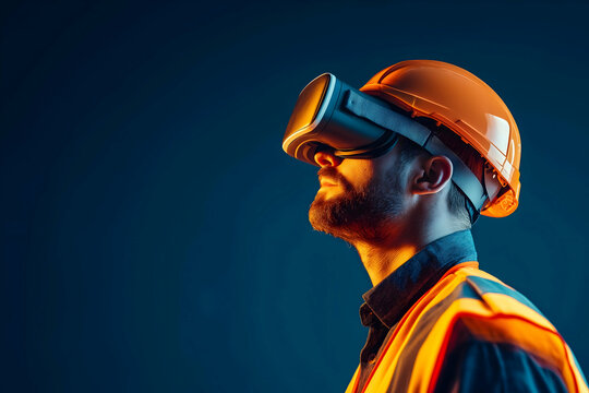 A construction worker wearing a VR headset, showcasing the integration of virtual reality technology in the workplace.