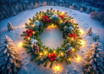 Aerial photography reveals a snowy wreath aglow with festive lights, a perfect holiday decoration.