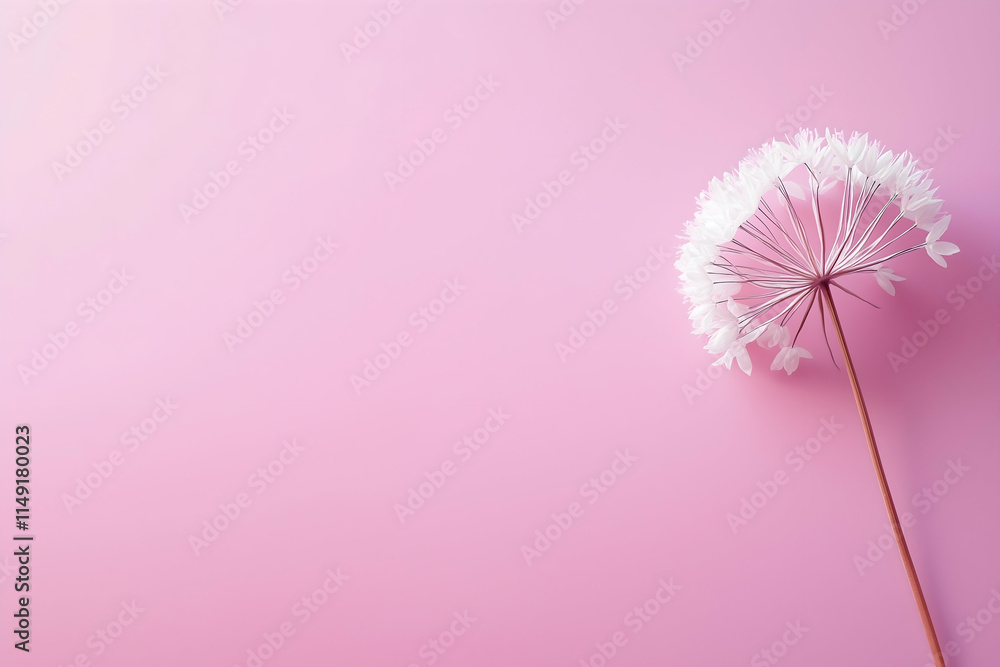 Poster a delicate white dandelion on a soft pink background, creating a serene and minimalistic aesthetic.
