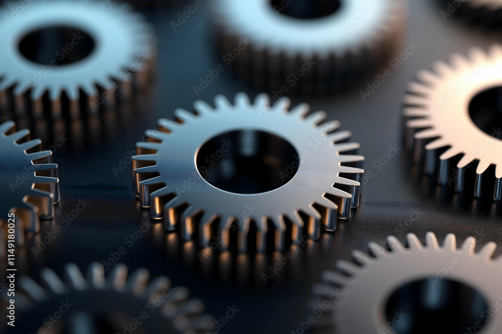 Poster a close-up view of metallic gears with sharp teeth, arranged closely to showcase their intricate des