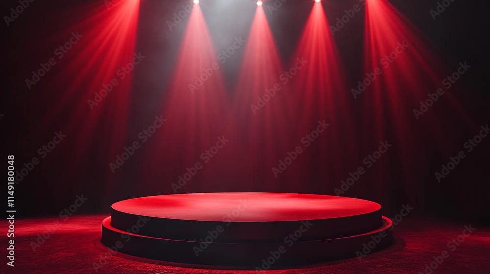 Poster stage illuminated with red lights, ready for a performance or event setup.