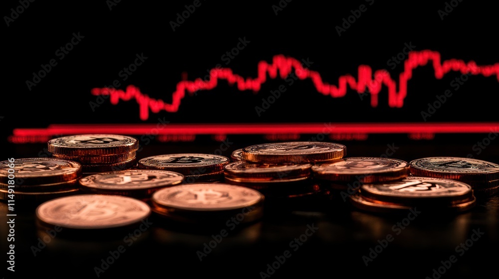 Poster close-up of coins with a blurred red stock market graph in the background showing a downward trend.