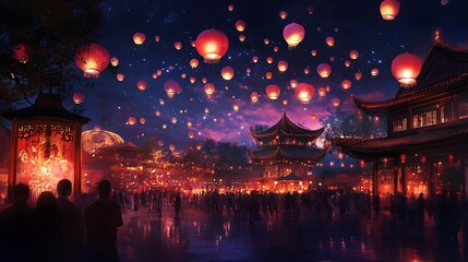 Fototapeta premium A vibrant scene of a lantern release event at night, with floating lanterns illuminating the sky during an Asian festival 