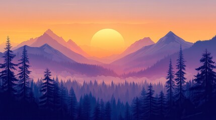 Majestic Sunset Over Mountain Range Surrounded by Pine Trees