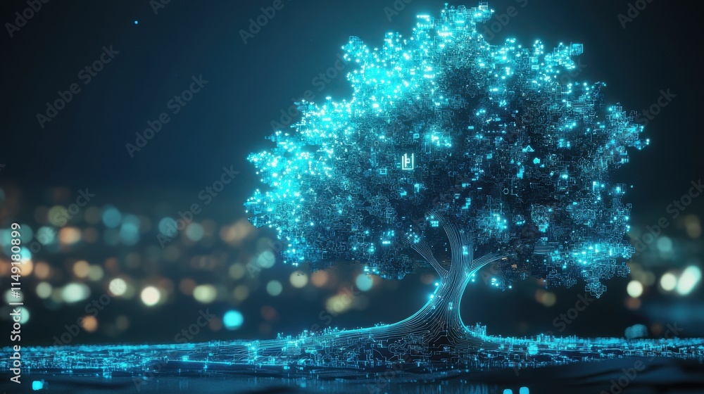 Poster digital tree with glowing lights and abstract background effects
