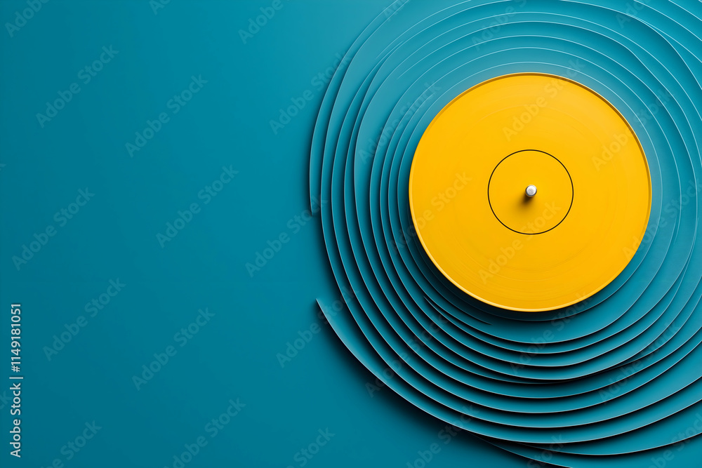 Poster a vibrant yellow circle on a teal background, surrounded by concentric waves, creating a modern and 