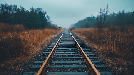Fototapeta premium Empty Railroad Tracks Through Foggy Woods. Concept of Journey, Destination, and Solitude.