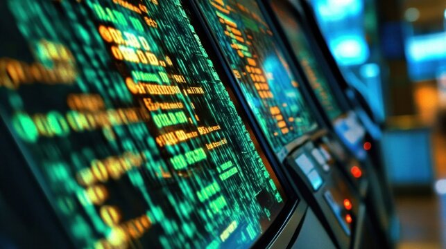 Close-up of glowing digital screens displaying lines of code in a modern setting.