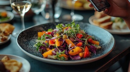 Food critic reviews dish in modern eatery. Person takes photos of colorful vegetable salad with smartphone. Gastronomic style. Modern lifestyle scene. High quality image.