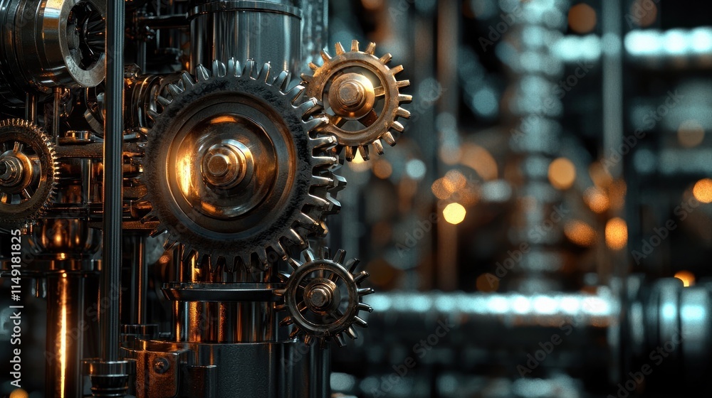 Poster intricate gear system: a close-up of precisely engineered metal gears interlocking in a complex indu