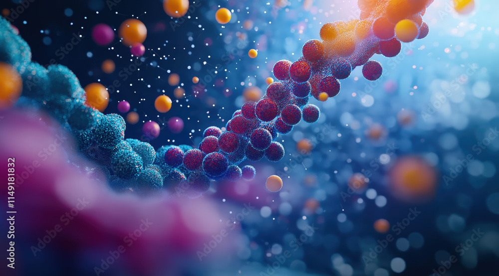 Poster a vibrant, digital representation of molecular structures, showcasing colorful particles and a dynam