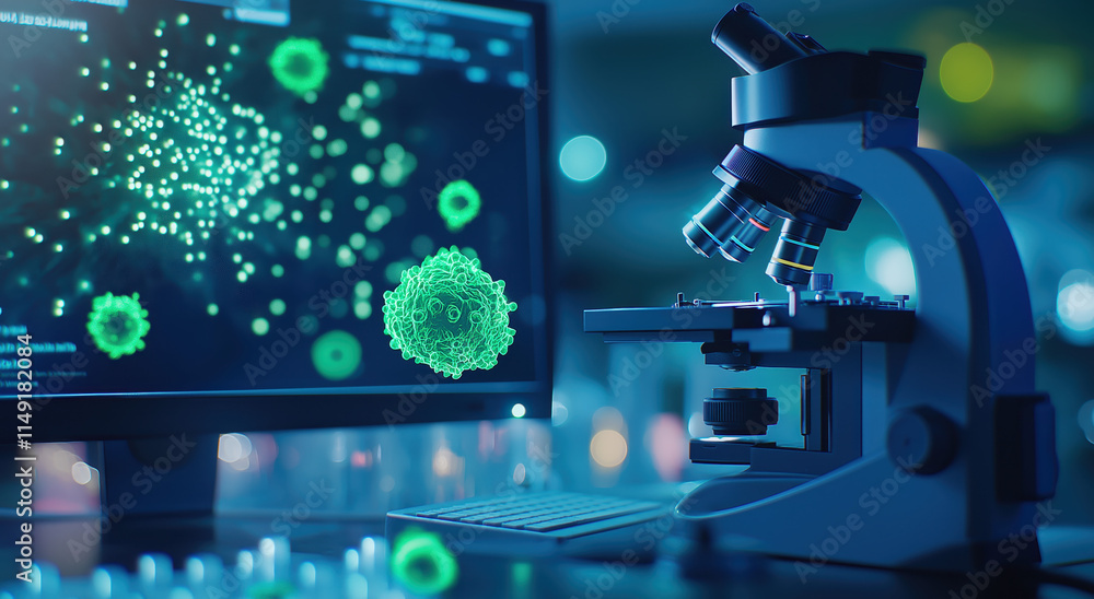 Poster a modern microscope beside a computer screen displaying vibrant green microorganisms, highlighting t