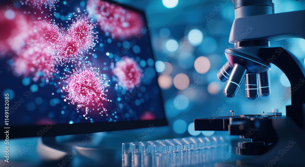 Poster a microscope and computer display show colorful virus images, highlighting scientific research and e