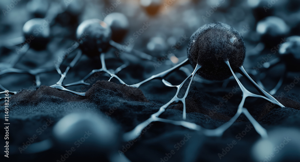 Poster a close-up view of interconnected dark spheres with delicate branching structures, resembling a netw