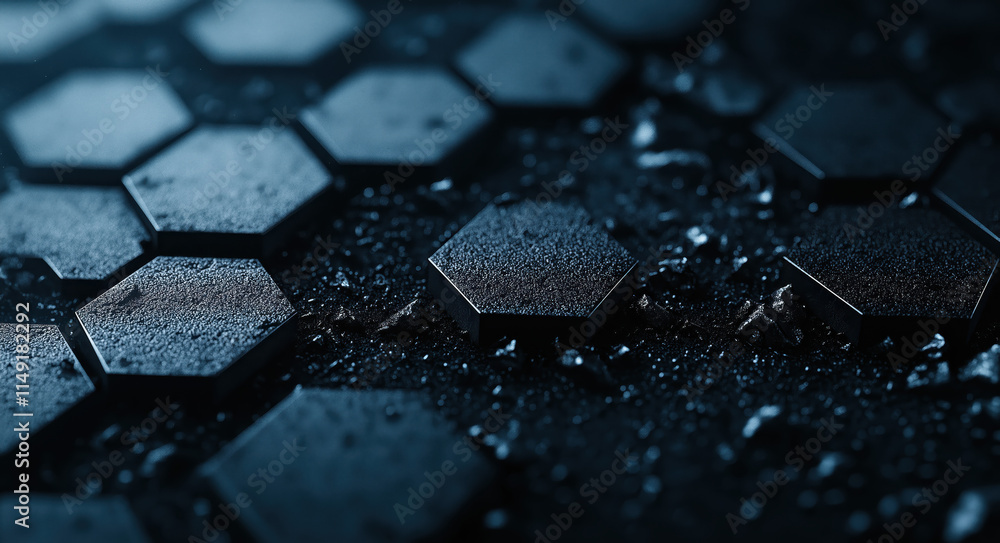 Poster a close-up of hexagonal tiles with a wet, textured surface, showcasing a dark aesthetic with reflect