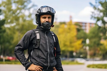 Portrait of a biker in a protective helmet and black jacket.