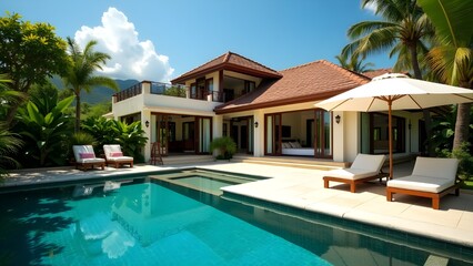 Fototapeta premium A private villa with a personal pool and lush greenery
