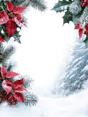 Festive Christmas Border with Poinsettias and Holly Creating a Cozy Winter Scene Perfect for Holiday Greetings and Card Designs