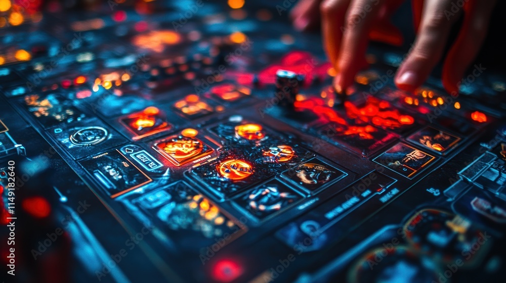 Aufkleber close-up of hands interacting with a futuristic, glowing control panel, featuring various digital di