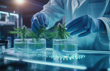 A scientist in gloves examines cannabis plants in lab containers, showcasing advanced research in plant biology and cultivation techniques.