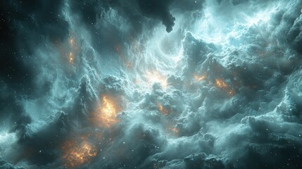 Obraz premium A mesmerizing cosmic scene filled with clouds and glowing elements, evoking a sense of wonder.