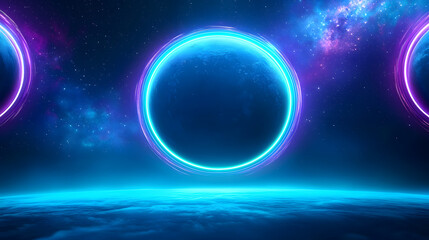 Fototapeta premium Cosmic Portal: Glowing Neon Circles in Space 