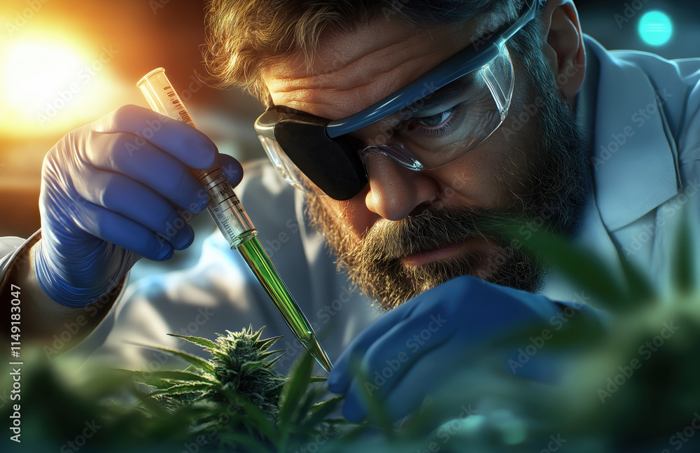 Poster a focused scientist examines cannabis plants, using a pipette in a lab setting illuminated by soft l