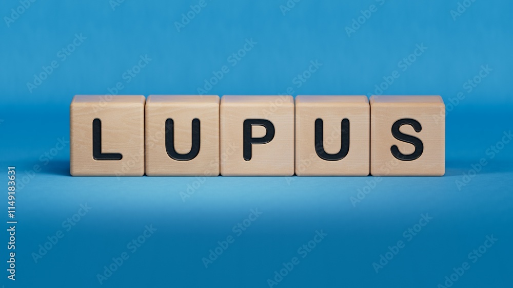 Poster lupus word made with building blocks.close up of wooden elements,business concept.3d rendering on bl