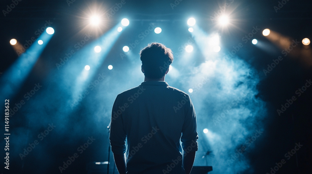 Poster performance backdrop with dramatic lighting and fog during a live event.