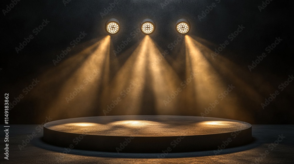 Poster stage with spotlights illuminating a circular platform in a dark setting.